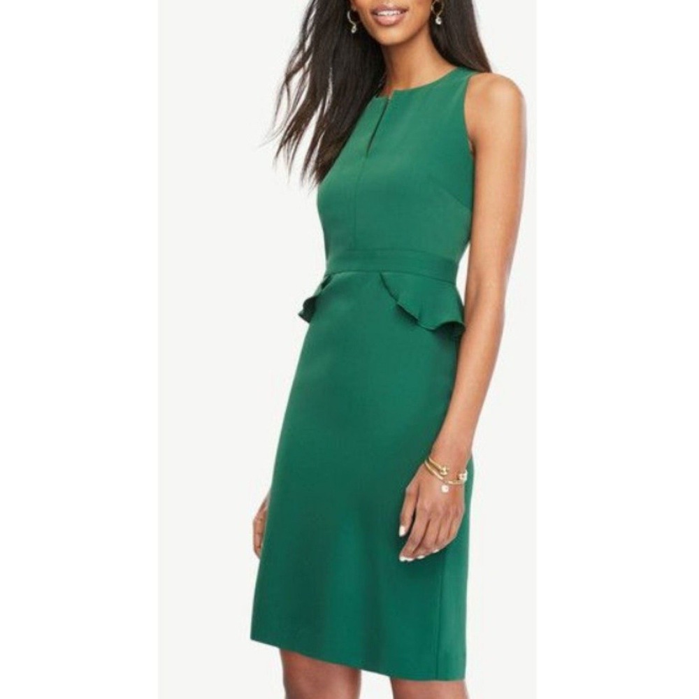 Ann Taylor Peplum Sheath Dress Womens 0 Green Sleeveless V-Neck Workwear New